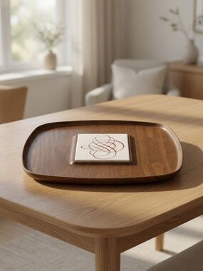 Vintage MCM ThermoServ Westwood Platter Tray Imperial Walnut Faux Wood Grain 13"